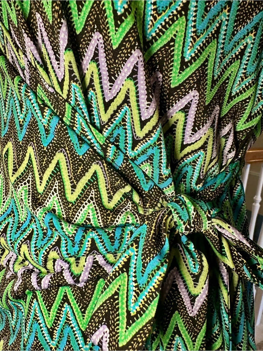Vintage Y2K Zigzag Faux Wrap Dress Petite 8P Blue Green Jersey Stretch - Picture 5 of 11